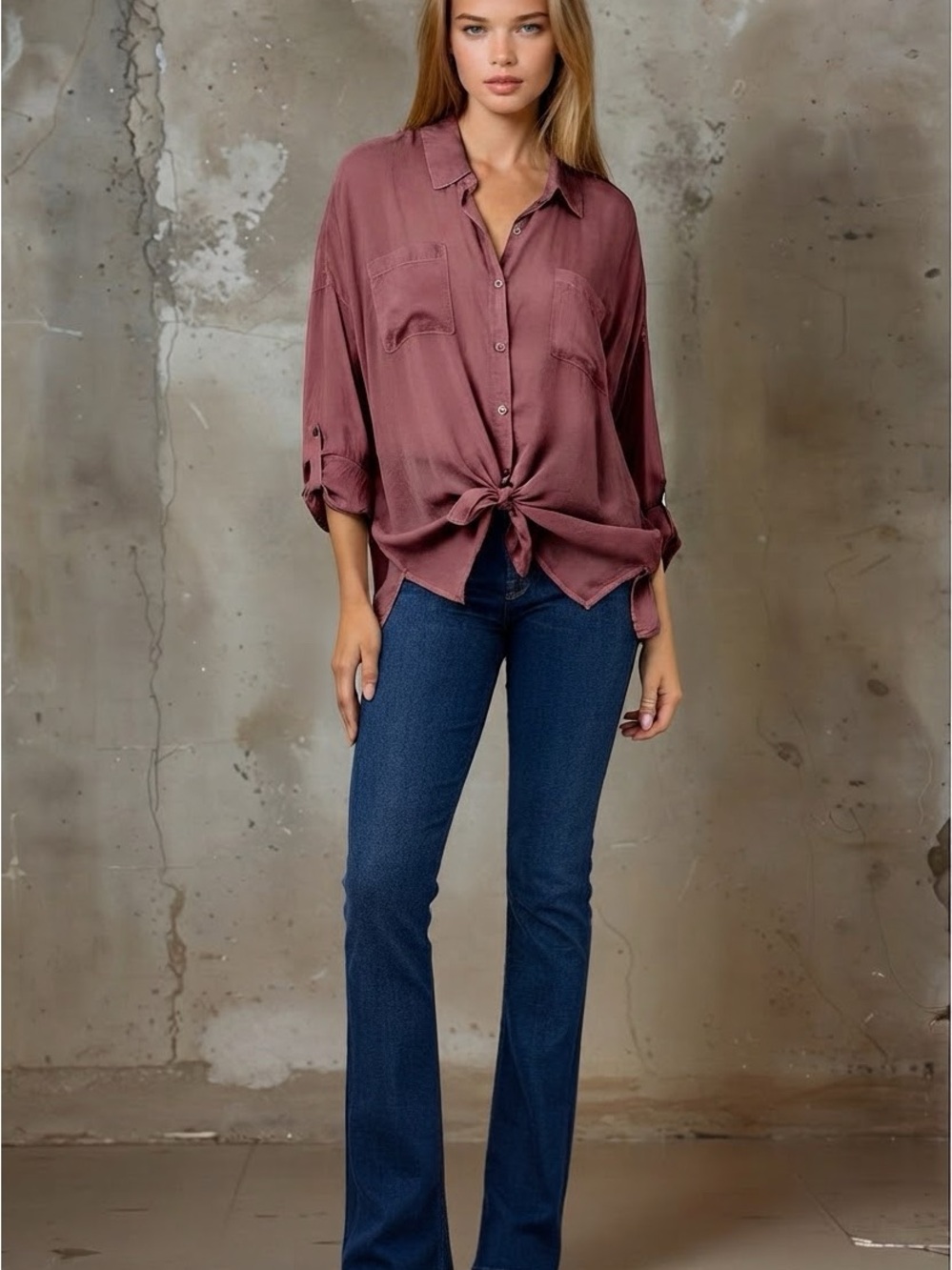 Maven West Dusty Rose Button-Front Tie Shirt
